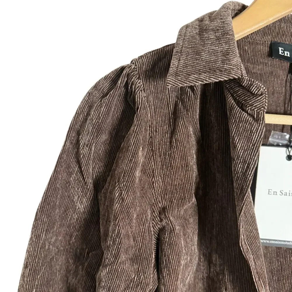 En Saison Route Wrap Brown Corduroy Wrap V-Neck Long Sleeve Crop Blouse Small